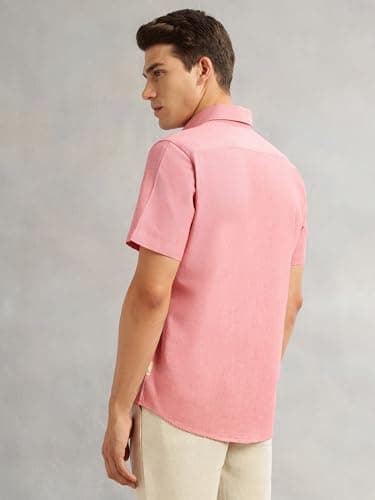 Thomas Scott Men's Premium Slim Fit Casual Shirt | Cotton Linen Blend | Short Sleeves | Spread Collar | Solid Pattern (TS1351_Red_M) 4