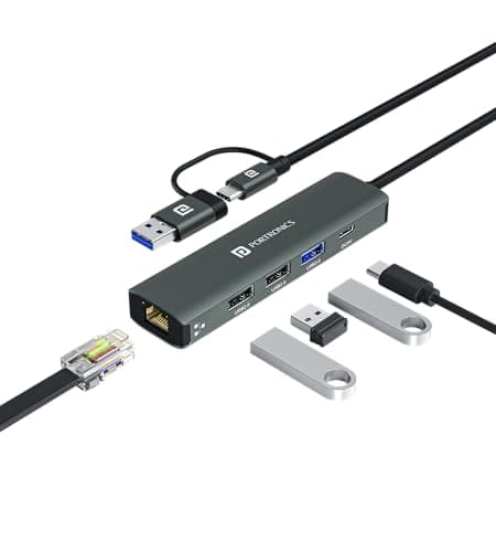Portronics Mport Edge,5 Ports Dual USB Hub Dock, Superfast USB 3.0, High Speed 2.0, Type-C 5V2A Port, 100 Mbps RJ45 Ethernet, Versatile & High-Speed Connectivity Hub for Laptops & Desktops (Grey)