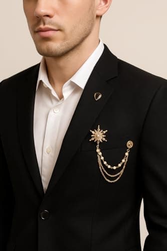Men’s Luxury Gold Pearl Chain Brooch for Coat & Suit | Designer Lapel Pin with Dual Chain & Pearl Detail | Wedding Groom Blazer Sherwani Accessories 2