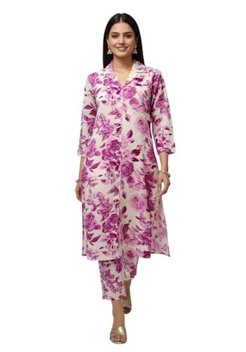 SHINESHAGUN Women Floral Printed Kurta Pant Set | Stylish Straight Fit Ethnic Co-ord Set for Women | 3/4 Sleeve Casual & Office Wear Kurti with Pants | Pink & White