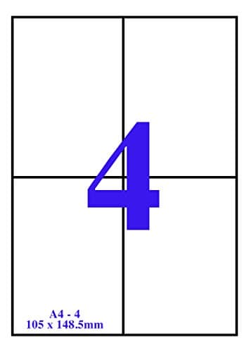 VCR A4 Size White Self Adhesive Label/Sticker for Printer (Inject/Copier/Laser) - 4 Sticker Per Sheet - 100 Sheets Pack