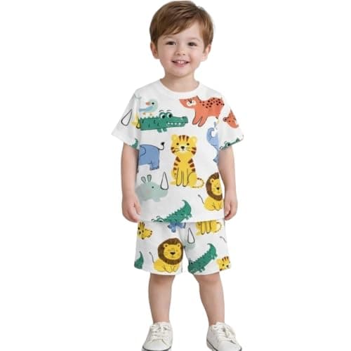 Tirupati Kids Clothes for Boys | Allover Animal Printed Cotton Half Sleeves Round Neck T-shirt Shorts Combo Clothing Set | Casual Baby Boy Dress (White Animal Allover, 2-3 year)