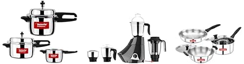 Butterfly Cordial 2, 3 & 5 Litres Pressure Cookers, Smart 750W Mixer Grinder & Classic Stainless Steel Cookware 5 Pcs Set (Fry Pan 22Cm(1.4L)|Kadai 22Cm(2.2L)|Saucepan 16Cm(1.6L) with Steel Lids