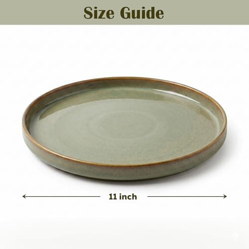 HEARTHEASE Ceramic Dinner Plate Set of 6, 11 Inch - Sage Green with Brown Rim, Microwave & Dishwasher Safe, Ideal for Daily Use 2