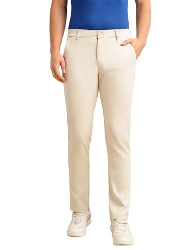 Thomas Scott Men’s Cricket Club Collection Regular Fit Mid-Rise Chinos | Solid Dobby Fabric Trouser with 4 Pockets (CCBT176_Beige_38)
