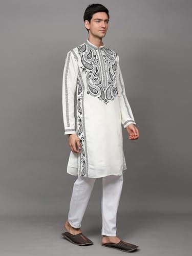 Exotic India Thread Embroidered Motif Art Silk Kurta with Cotton Pant Style Pajama | Ethnic Dress Kurta Pajama Combo Set for Men's 2