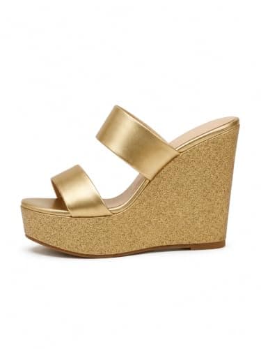 Uunda Fashion Women Gold Glitter Wedge Heel Sandals Double Strap Open Toe Slip On Platform Party Use Fashion Heels for Wedding Evening Casual Use WD-5176-V3_41 2