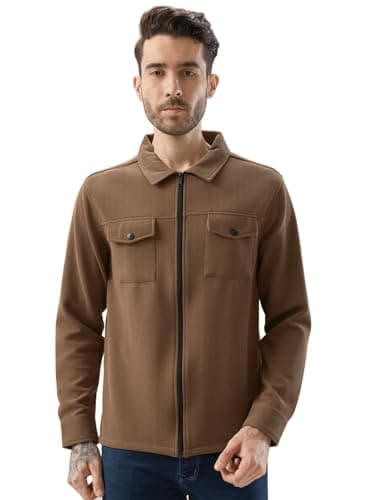 Status Quo Men's Solid Textured Regular Fit Shacket with Zipper Clouser | 100% Polyester | BROWN | L Size