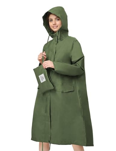 Venzina® Raincoat for Women High Waterproof Hooded Rain Jacket Zip-up Rain Coat Knee-length Lightweight Rainwear with Storage Pouch, Stylish A-line Poncho for Camping, Commutes, Travel, Green-L