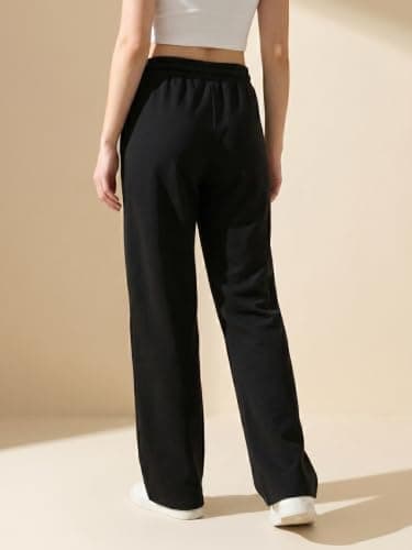 BLINKIN Women's Wide Leg Track Pants | High Waist Cotton Lowers with Side Pockets | Full Length Activewear for Gym, Yoga, Workout & Dance (trk-519,Black,Size_3XL) 2