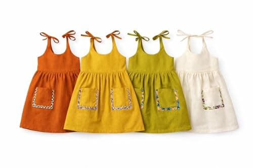 KOSHMOSH Pack of 4 Pure Cotton Frock for Baby Girl| Open Starp Dress with Double Pockets | Soft Fabric I Knee Length Casual Dress for Girls with Astar-Rust,White,Green,Yellow 9-12 Months