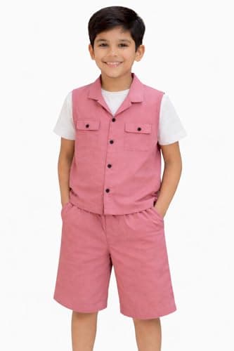 3BROS Kids Cotton Shirt Shorts Set for Boys Kids Clothing/Boys Clothing Set (Party/Festive) Wear (Pink, 5-6 Years)