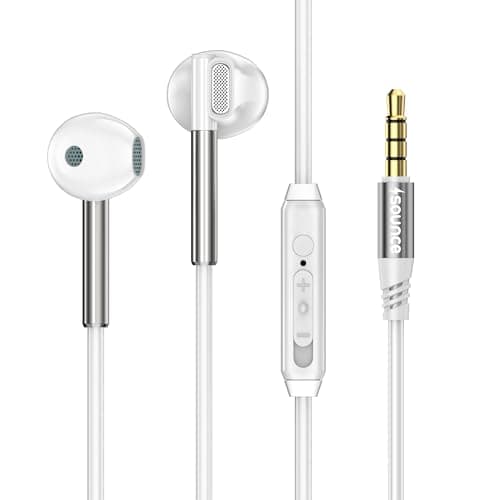 Sounce BassPulse In Ear 3.5mm Wired Headset with Deep Bass 14.2mm Dynamic Driver HD Mic In-Line Music Controls Tangle-Free Durable TPE Cable Sweatproof Lightweight Earphones for Phones Tablets (White)