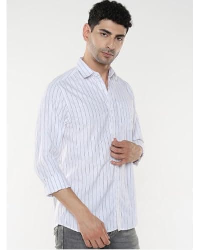 MILDIN Men's Pure Cotton Striped Printed Shirt with Spread Collared Neck Full Sleeve Curved Hemline Button Closure and Regular Fit | Shirt for Man White Oxford Single Full - M 2