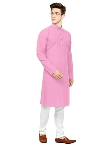 CRYSTAL REVENUE Men's Solid Full Sleeve Cotton Regular Kurta With Pyjama (Color :-Pink) Size :-38