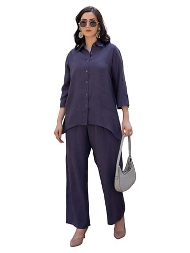 TITTLI Rayon Fabric Collared Three-Quarter Sleeves Shirt & Trouser Co-Ord Set for Women | Elastic Waist Bottom | Casual Wear Relaxed Fit Outfit | Sizes - M, L, XL, XXL, 3XL Purple