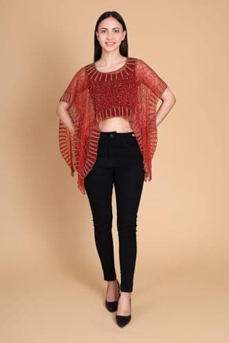 Women's Red Sheer Net Embellished Cape Top/Poncho Shrug | Ethnic Blouse Overlay for Lehengas Sarees Dresses. 3