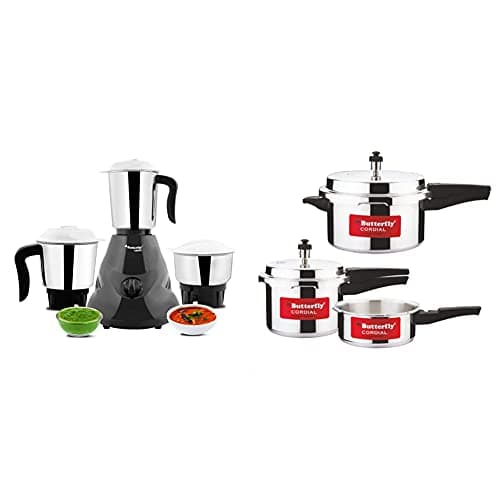 Butterfly Hero Mixer Grinder, 500W, 3 Jars (Grey) + Butterfly Cordial 2 L, 3 L & 5 L Induction Bottom Pressure Cooker (Aluminium)