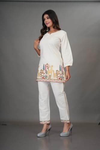 Birdhaus s Women's Khadi Cotton Embroidered Co-Ord Set | Ethnic Tunic Kurta with Pant| Floral Bird & Elephant Embroidery | V-Neck | 3/4 Sleeve | Casual Office Wear (Pack of 1) (3161-2XL) 3