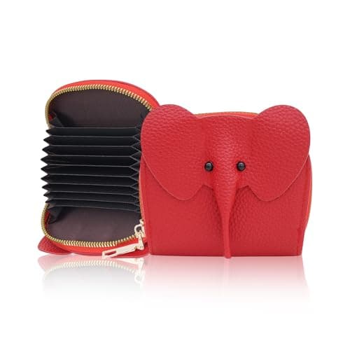 RIAvel Card Holder Wallet for Women – Cute Elephant Designed Girls Wallet | 11 Card Slots Slim Wallet, Faux Leather Small Purse with Zipper, Easy to Fit in Pocket & Bag | Perfect Gifts for Woman- Red