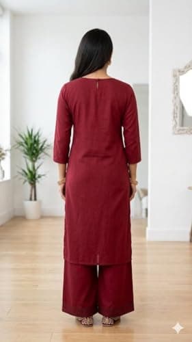 Women's Cotton A-Line Printed Co-Ord Set with Palazzo | Kurta Set for Women | A-Line Kurti Co-Ord Set | Printed Kurti Palazzo | Women Kurta Set (IN, Alpha, L, Regular, Wome, maroon) 3