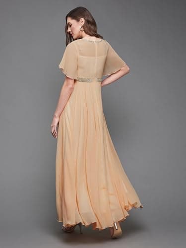 Miss Chase Women's V-Neck Flared/Bell Sleeves Fit & Flare Maxi Dress,(MCSS23D06-61-101-04, Peach, M) 4