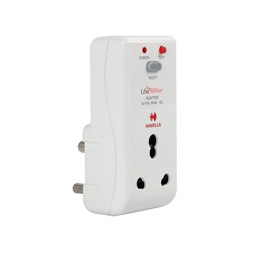 Havells 16 Amp 30mA PRCD Adaptor (White) - Plastic Body, Auto-Trip Safety for Appliances - Smart and Enhanced Protection Against Electrical Shock,Requires 16A MCB/Fuse Backup,Per IEC 61540 Guidelines
