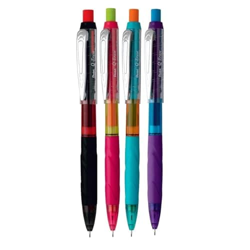Pentel Q-Erase 0.5mm QE420 Mechanical Pencil | Long Lasting Jumbo Eraser With Retractable Mechanism & Ribbed Grip (Body Color May Vary, Pack of 4)