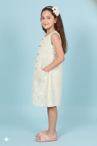 CMMCHAAH Girl's 100% Cotton Floral Sleeveless Frock – Summer A-Line Dress with Front Buttons and Dual Pockets – White/Multi 5