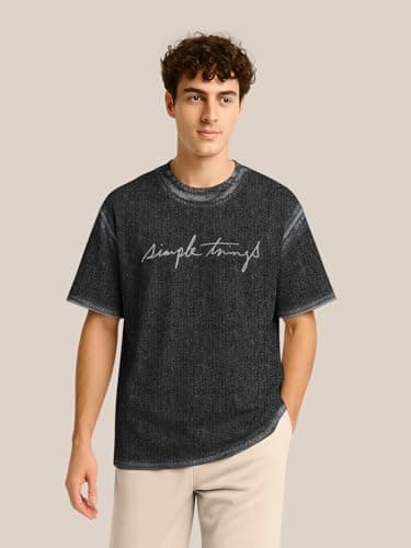 BULLMER Trendy Co-ords with Oversized T-Shirt & Pants Clothing Set for Men | Cotton Blend Cord Set for Men Denim Black/Beige Medium 4
