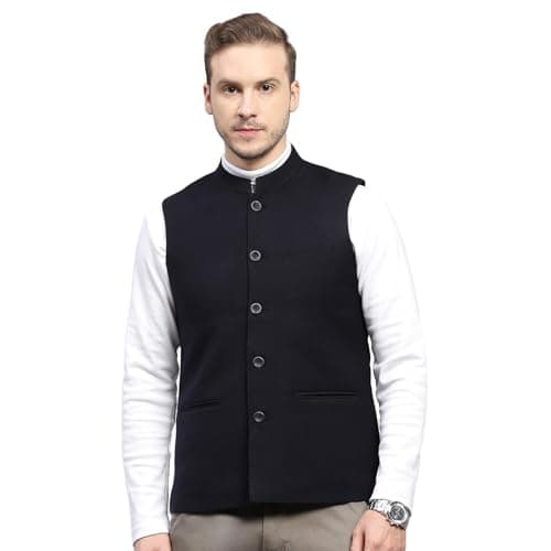 Monte Carlo Mens Solid Navy Blue Band Neck Sleeveless Coat (223061875-13-42)