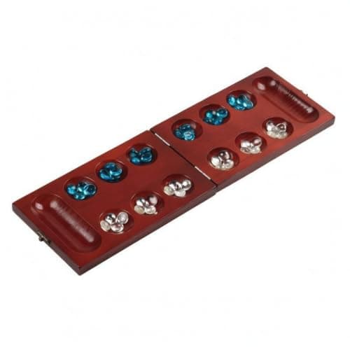 UJEAVETTE Foldable Mancala Board Game Glass Marbles Wood Mancala Set Recessed Pits Folding Game Board Rectangular Case, Chestnut, with Lock
