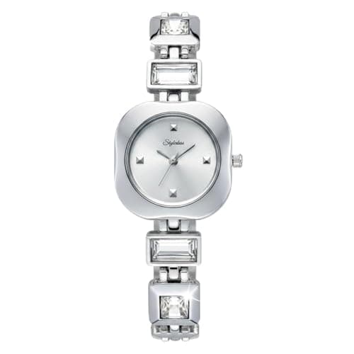 styledose Luxury Round Dial in Square case with Ston Studded brecelet Strap Quartz Analogue Wrist Watches for Women's & Girls&Miss&Ladies (Silver)
