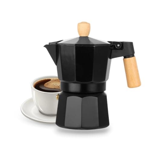 AAshonee Italian Coffee Maker | Espresso Moka Pot 3 Cup (150ml) | Black Aluminum Stovetop Espresso Maker | Real Wooden Handle