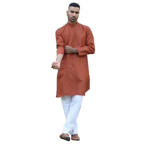 KRAFT INDIA Men's Cotton Kurta Pyjama Set | Woven Design Traditional Ethnic Wear | Festive, Wedding & Casual Outfit | Comfortable & Breathable Fabric (Rust, Large)