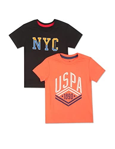 U.S. POLO ASSN. Regular Fit Boys Tshirt - Brand Printed, Ribbed Crew Neck, Short Sleeves T Shirt for Kids, Pack of 2 -ES, Orange & Black