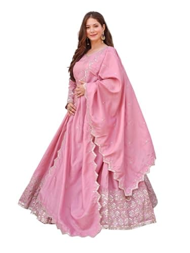 Women's Traditional Anarkali Gown with Embroidered Dupatta - Elegant Ethnic Wear for Women Festive Occasions (in, Alpha, XL, Regular, Women, Pink)