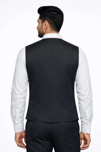 Same Fit Men’s Formal Waistcoat | Sleeveless V-Neck Button Down Suit Vest for Men | Black Waist Coat for Wedding, Office, Business & Casual Wear (Standard, Black, 42) 3