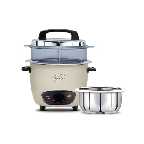 Pigeon Inox Pro Rice Cooker with Steamer, 1 litres | Stainless Steel Lid | 400 Watts | 1 Steel Cooking Pot | Measuring Cup | Spatula | Energy Efficient Cooking (Grey)
