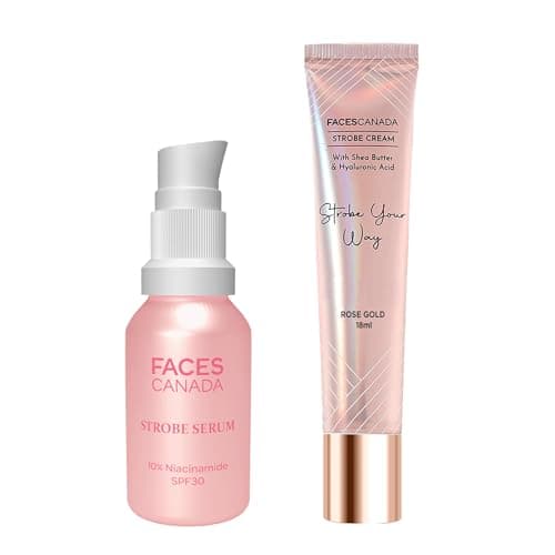 FACES CANADA Glowing Skin Combo - Strobe Cream - Rose Gold, 18ml + Strobe Serum Mini, 15ml with SPF 30 Sunscreen | Removes Dark Spots & Hyperpigmentation | Instant Illumination & Hydration | Glowing M