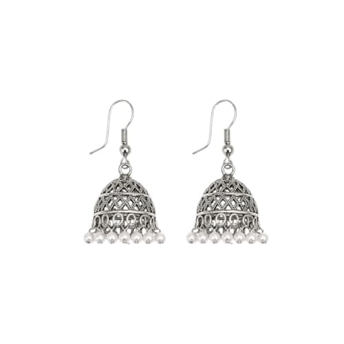 ACCESSHER Women's & Girls Traditional Oxidised Afghan Silver-Plated Jhumka Earrings Lightweight Small Size Jhumki Pearl Drops Earrings Boho Style Jewellery For Wedding