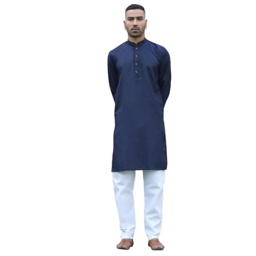 KRAFT INDIA Men's Cotton Kurta Pyjama Set | Woven Design Traditional Ethnic Wear | Festive, Wedding & Casual Outfit | Comfortable & Breathable Fabric (Navy Blue, X-Large)
