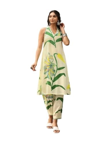 Amazon Brand - Anarva Women's Pure Cotton Sleeveless Hand Block Printed Kurta With Pant (green-leaf-l)