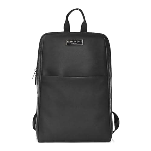 KENNETH COLE Unisex Professional Laptop Backpack | Premium Vegan Leather | Padded Laptop Sleeve, Trolley Strap, Multi-Pocket Organizer Bag for Travel & Office | Black