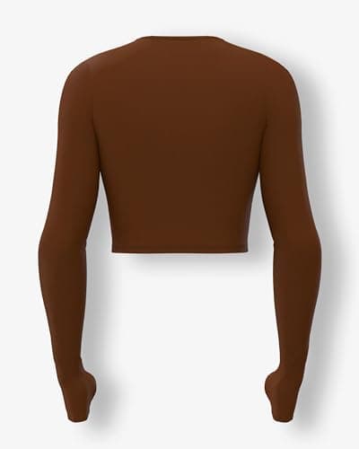 Sfytt Women's Activewear Crop Top, Long Sleeve with Thumbholes, Performance Gym Workout Top, Athletic Yoga Top, Clay Brown, Large 3