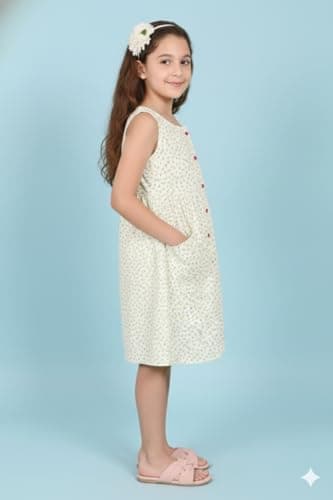 CMMCHAAH Girl's 100% Cotton Floral Sleeveless Frock – Summer A-Line Dress with Front Buttons and Dual Pockets – White/Multi 3