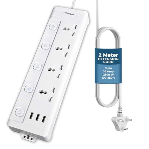 EMBOX Extension Board with USB (2.4 A)| Extension Board with Switches Spike Guard | 6 amp Universal Sockets, LED Indicator 2500W, 2 Meter Extension Cord