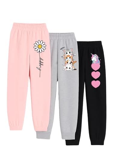 LILY & JADE Girls' Pure Cotton Printed Jogger Track Pants (Pack of 3) – Soft & Comfortable Kids Bottomwear (in, Age, 5 Years, 6 Years, Regular, Standard, Flower & Cat, Unicorn)