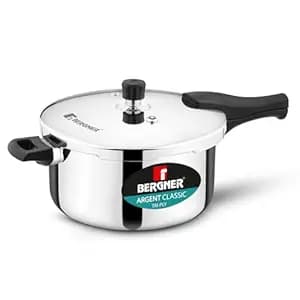 Bergner Argent Classic Triply Stainless Steel 6.5 Liters Outer Lid Pressure Cooker, Triply Cooker with Resettable Safety Valve, Sturdy Handle, Easy to Use and Clean - Induction and Gas Stove Ready
