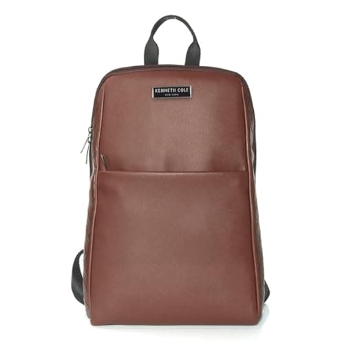 KENNETH COLE Unisex Professional Laptop Backpack | Premium Vegan Leather | Padded Laptop Sleeve, Trolley Strap, Multi-Pocket Organizer Bag for Travel & Office | Brown